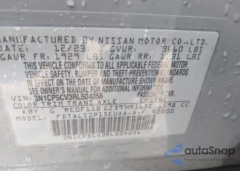 2024 Nissan Kicks Sv Xtronic Cvt from USA, damaged, VIN 3N1CP5CV3RL504056